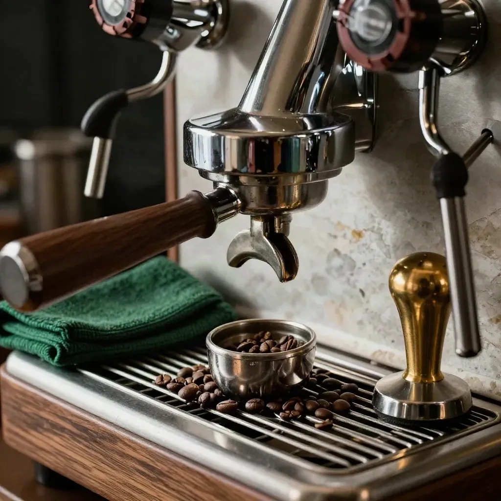 Macchina espresso a leva, tamper in ottone e chicchi in tazza d’acciaio su travertino.