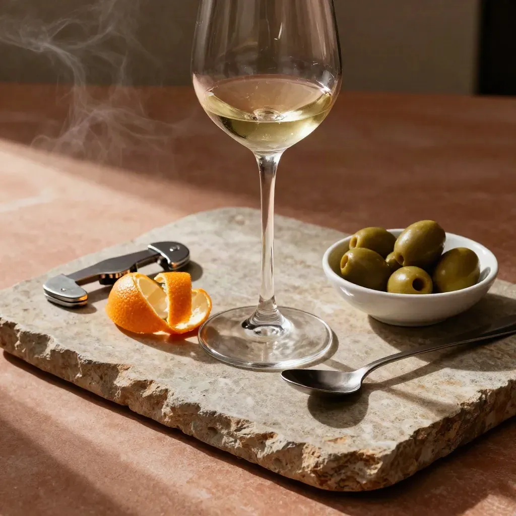 Bicchieri da vino, cavatappi, scorze d’agrumi e olive su pietra, luce morbida serale.