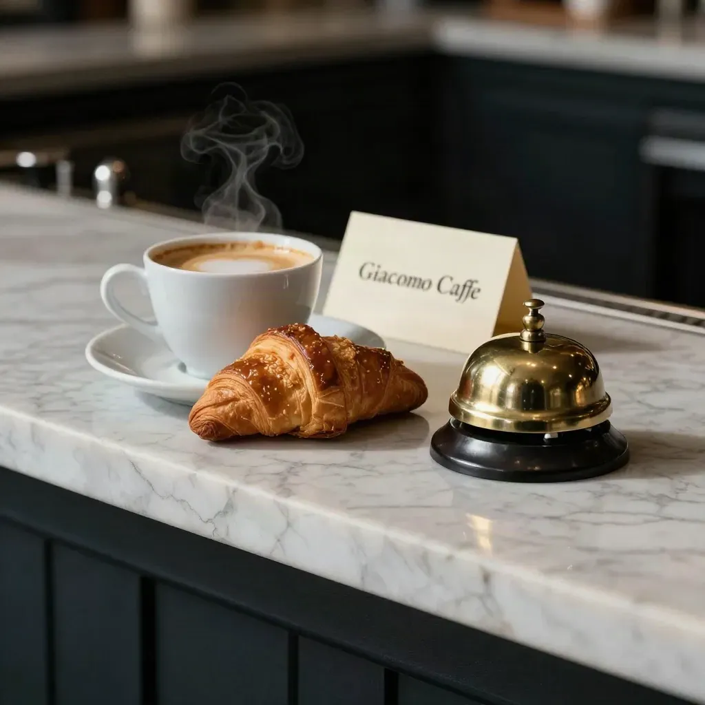 Tazzina di espresso, campanello in ottone e cornetto su marmo, luce morbida laterale.
