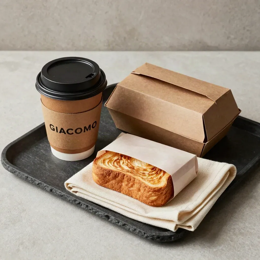 Flat lay dall'alto di cup da asporto, box pasticceria, toast avvolto e tovagliolo su vassoio di pietra.