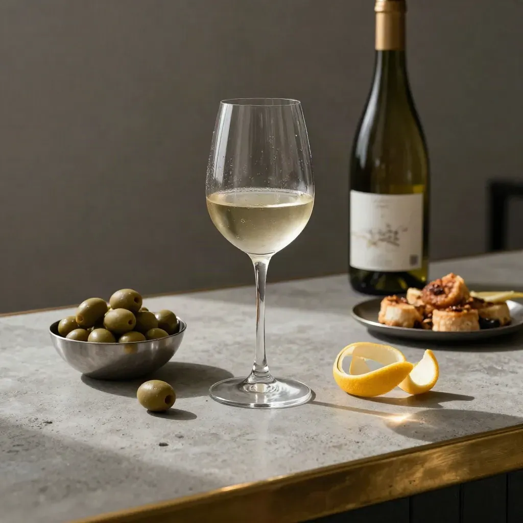 Bicchiere di vino, ciotola di olive, scorza di agrume e snack sul banco del bar