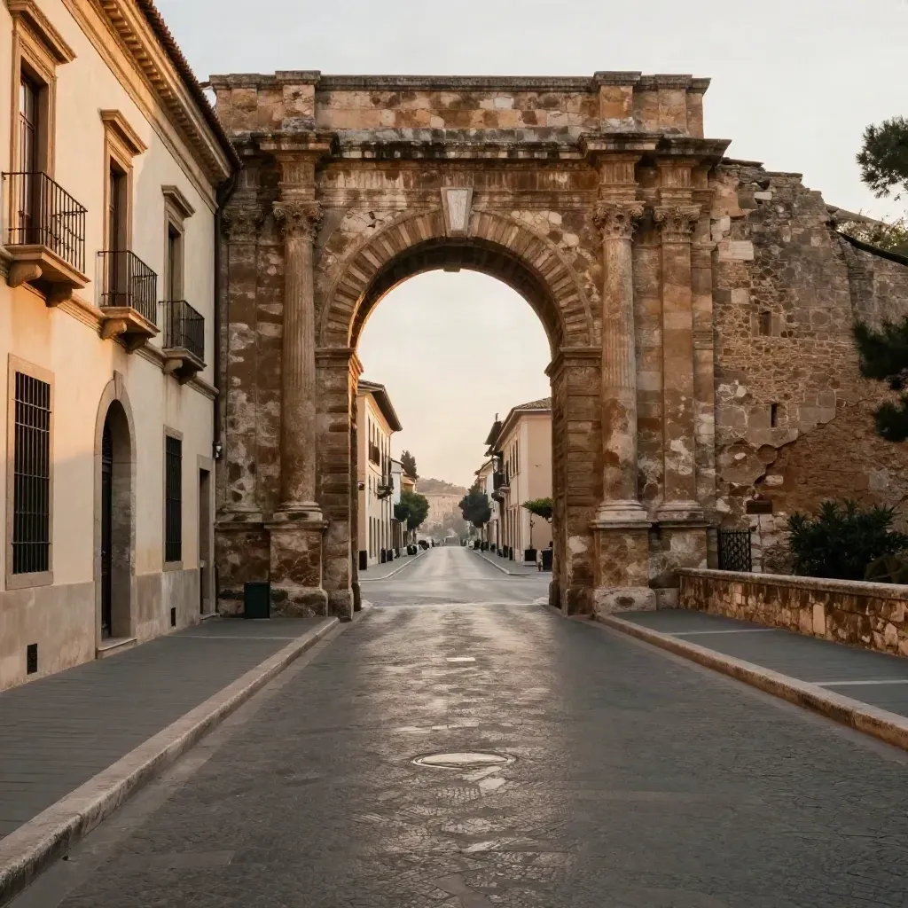Porta Romana al tramonto con viale in pietra vuoto e luce calda dorata
